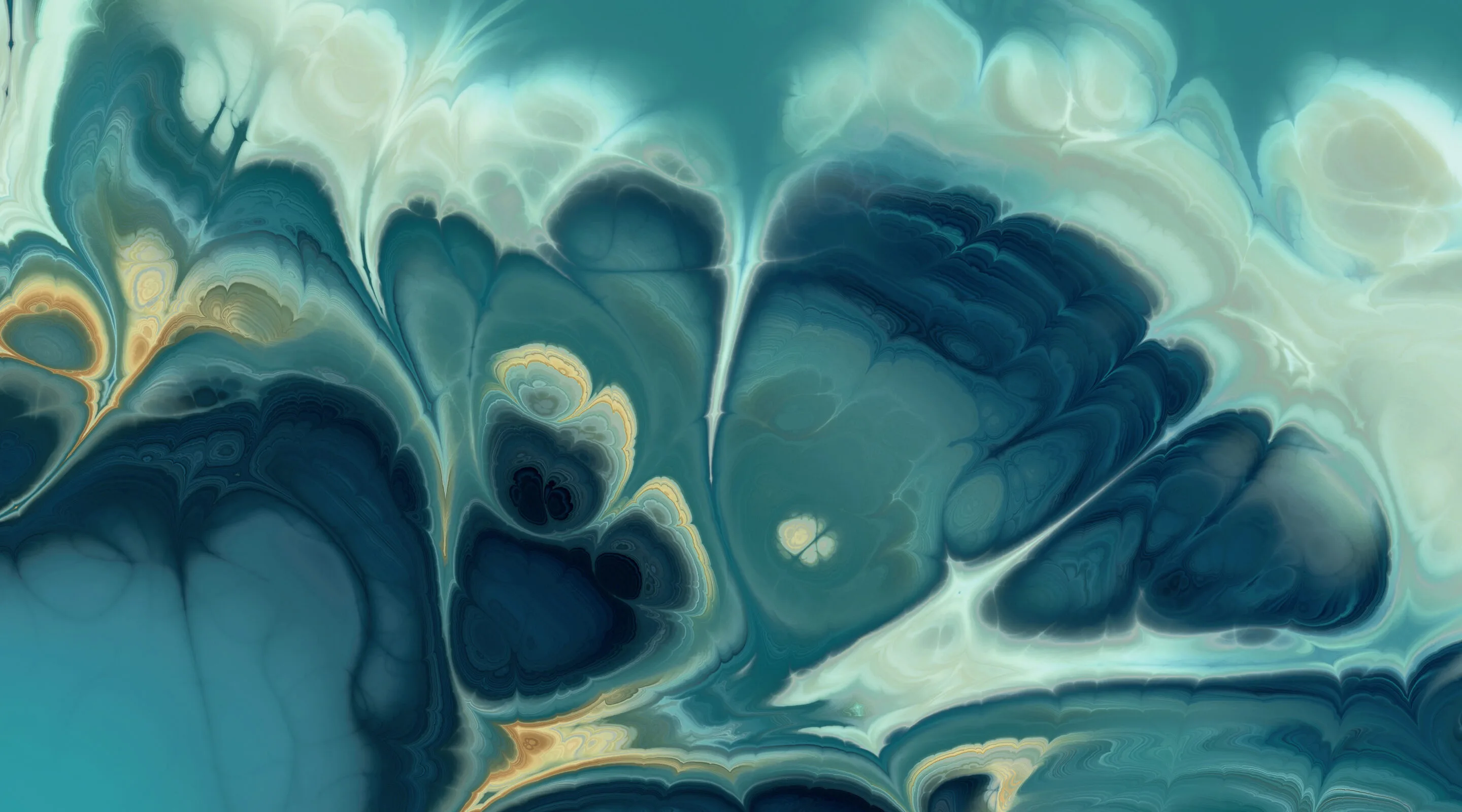 Mesmerizing abstract composition with swirling teal, blue, and cream hues, resembling marble or fluid art.