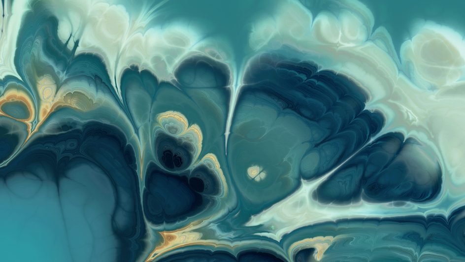 Mesmerizing abstract composition with swirling teal, blue, and cream hues, resembling marble or fluid art.