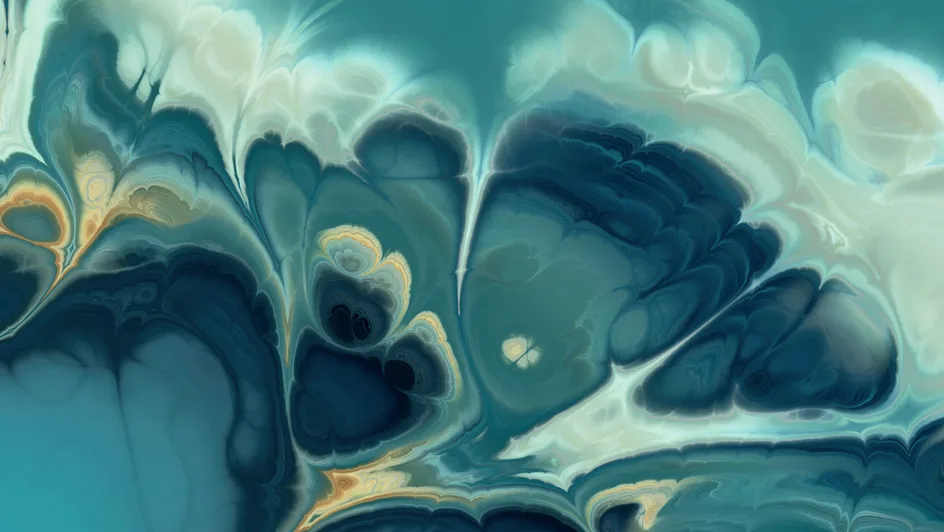 Mesmerizing abstract composition with swirling teal, blue, and cream hues, resembling marble or fluid art.