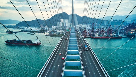 Bridge in Hong Kong and Container Cargo freight ship
