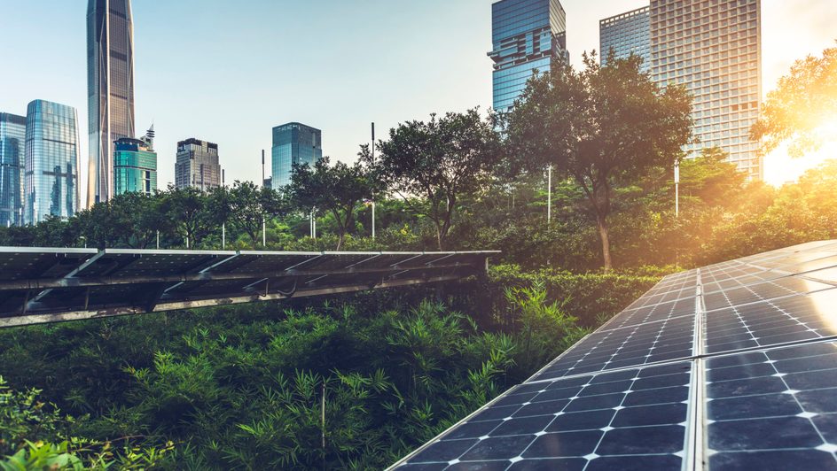 Solar panels with skyscrapers in the background