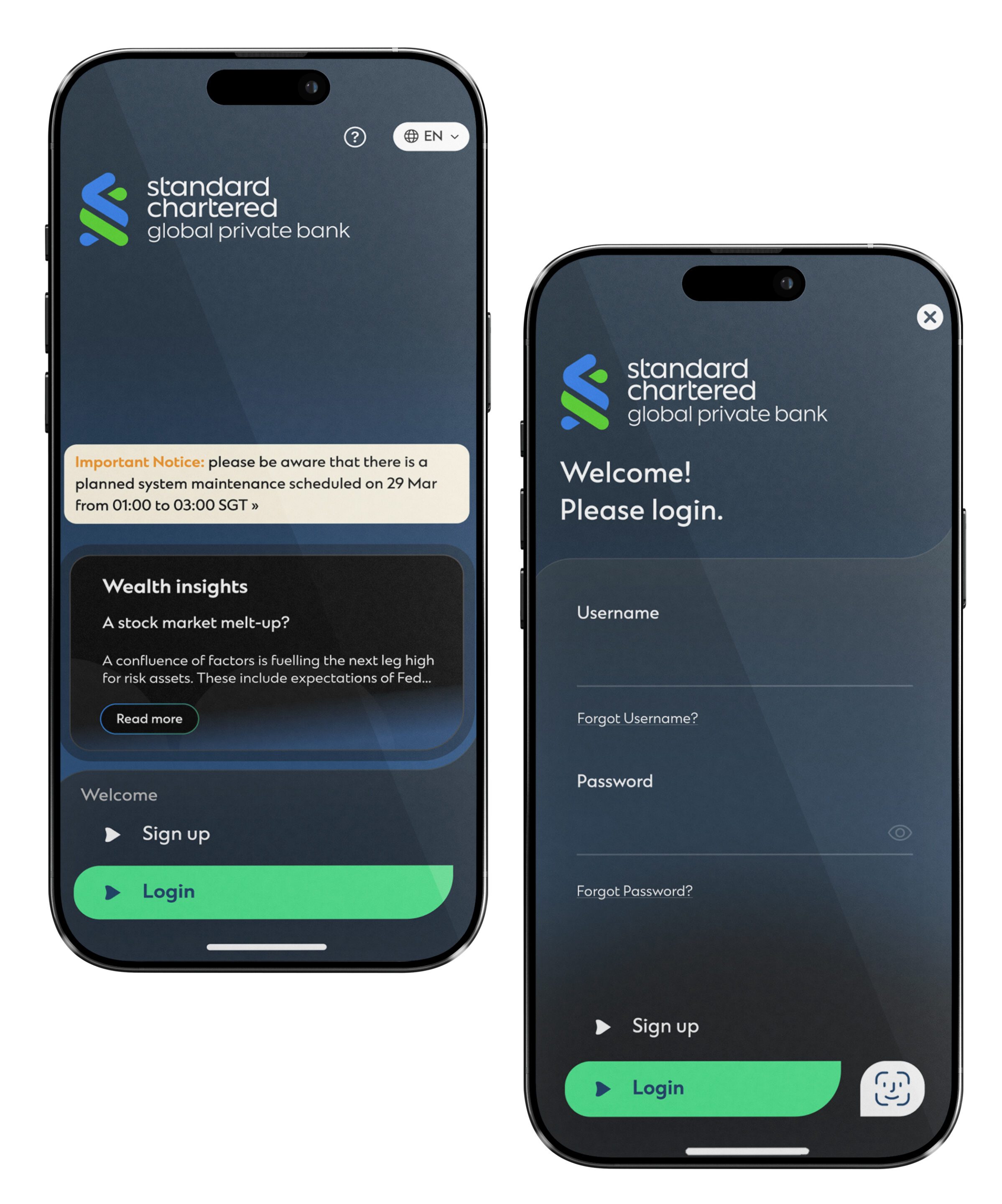 Mobile phone screens showing Standard Chartered Global Private Bank app log in page