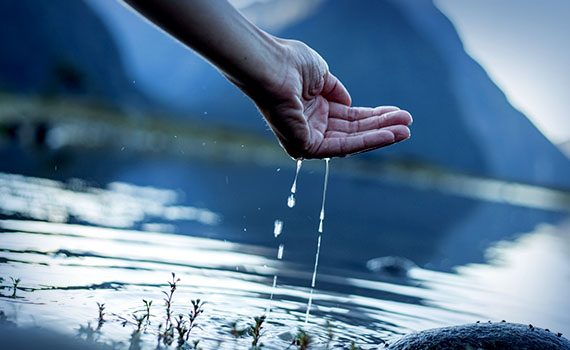 hand reaching for water in the lake