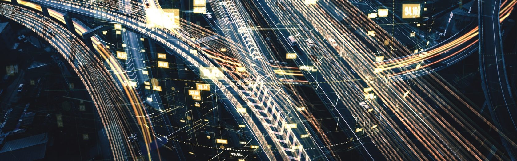 aerial view of interconnecting highway roads with digital vector overlays