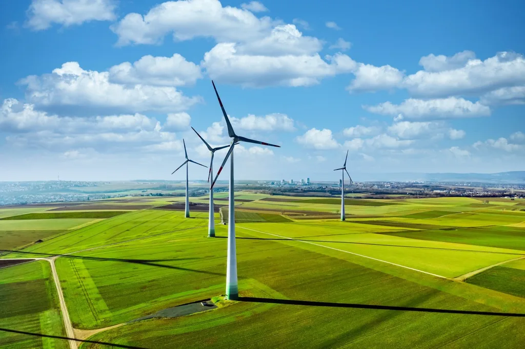 image of wind turbines in green field