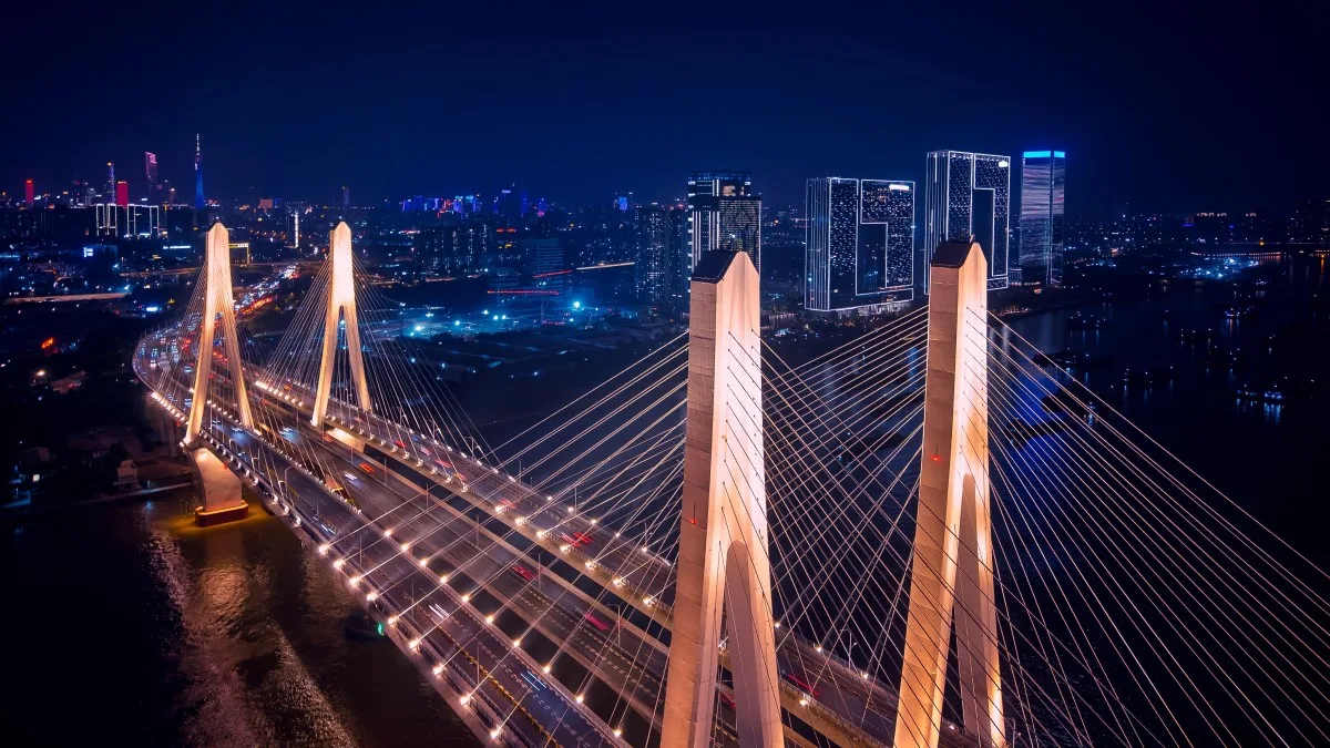 night aerial view of bridge in guangzhou china