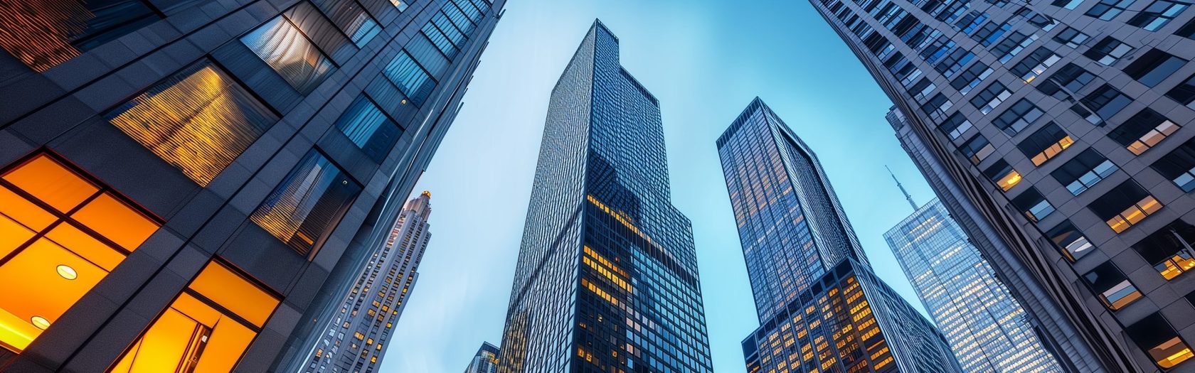 grounds up image of tall skyscrapers in a city at dusk