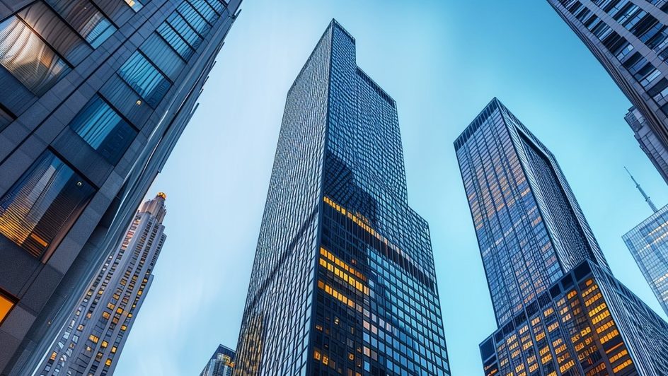 grounds up image of tall skyscrapers in a city at dusk