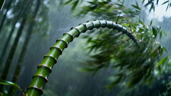 image of a bamboo branch bending in a heavy storm