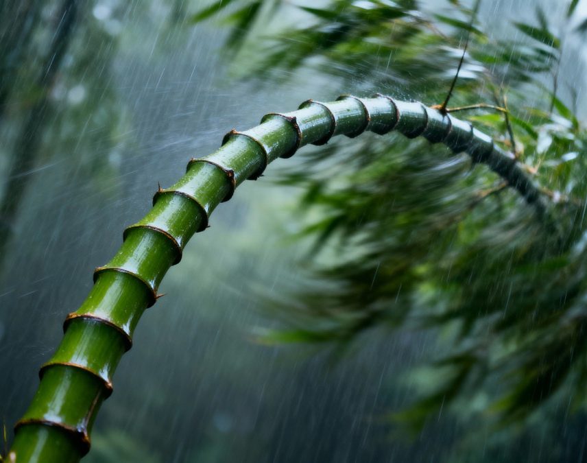 image of a bamboo branch bending in a heavy storm