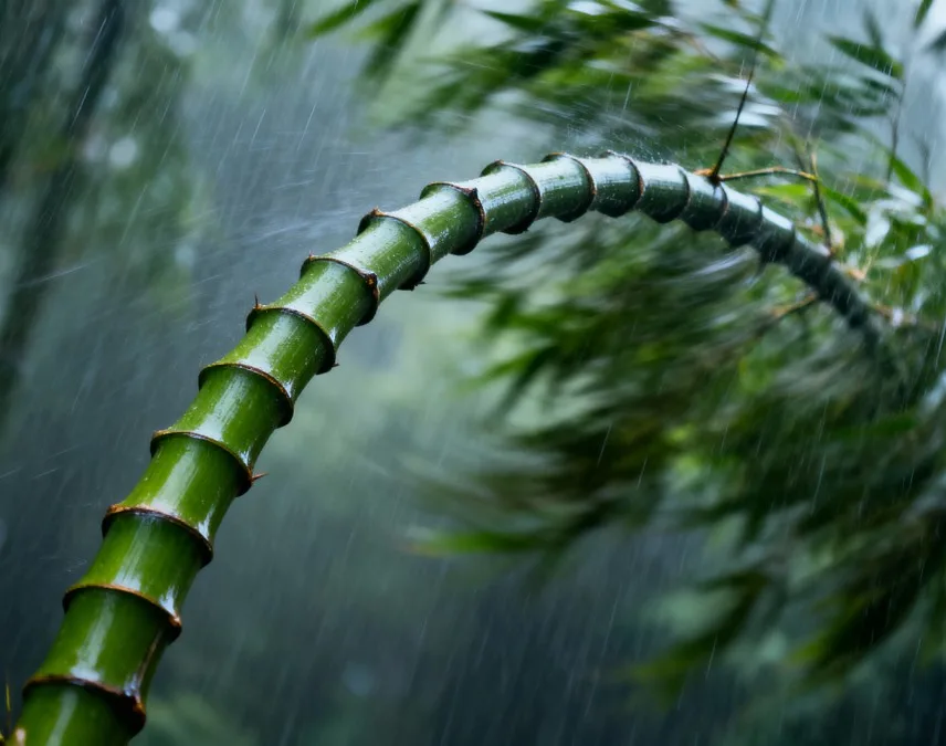 image of a bamboo branch bending in a heavy storm