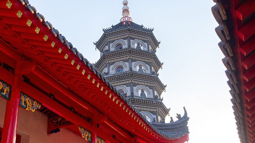 image of chinese pagoda with traditional architecture in foreground