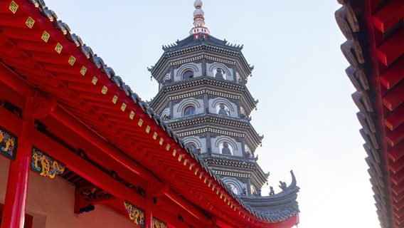 image of chinese pagoda with traditional architecture in foreground