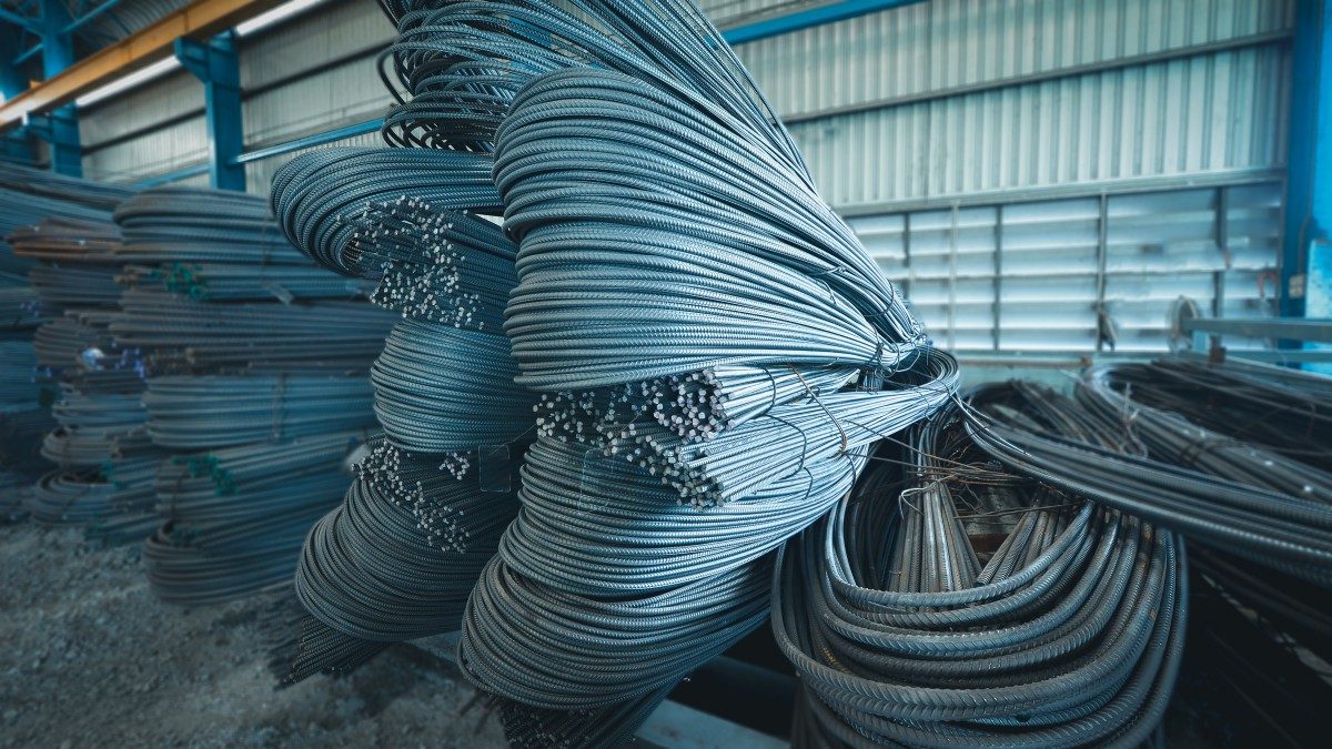 warehouse with coils of steel bars