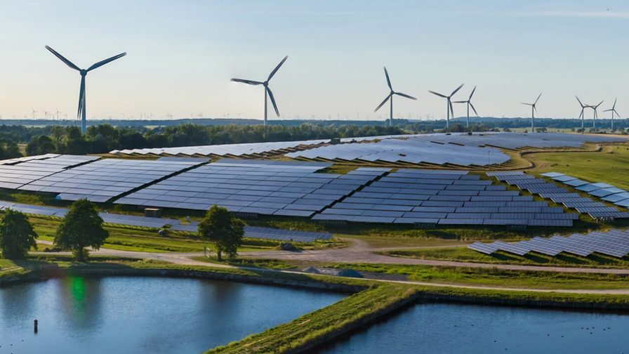 Picture of solar panels and wind turbines