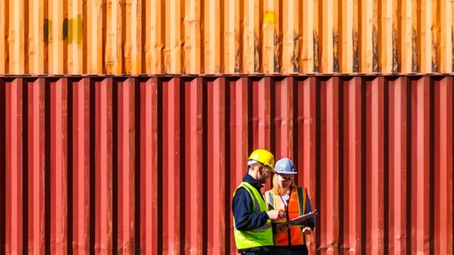 two people in hard hats talking in front of a stack of shipping containers