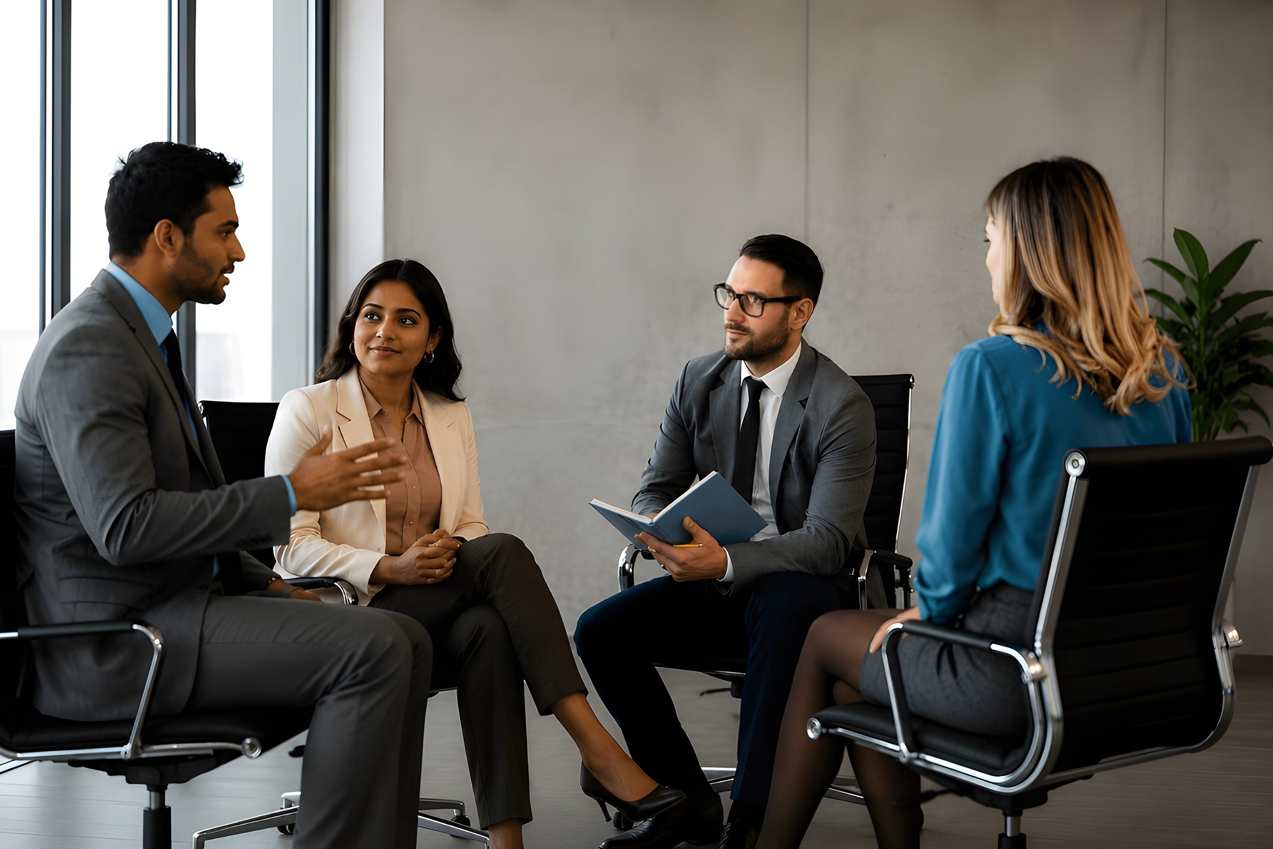 Group of people having a discussion in the workplace
