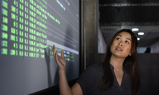 A woman presents data in a session about preventing money laundering.
