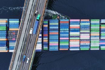 container ship and bridge