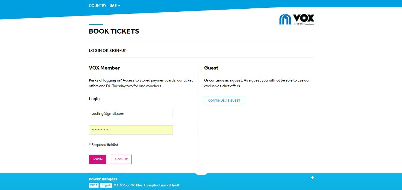 'Book Tickets' page for VOX Cinemas AE