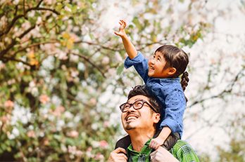 young girl on her father shoulder