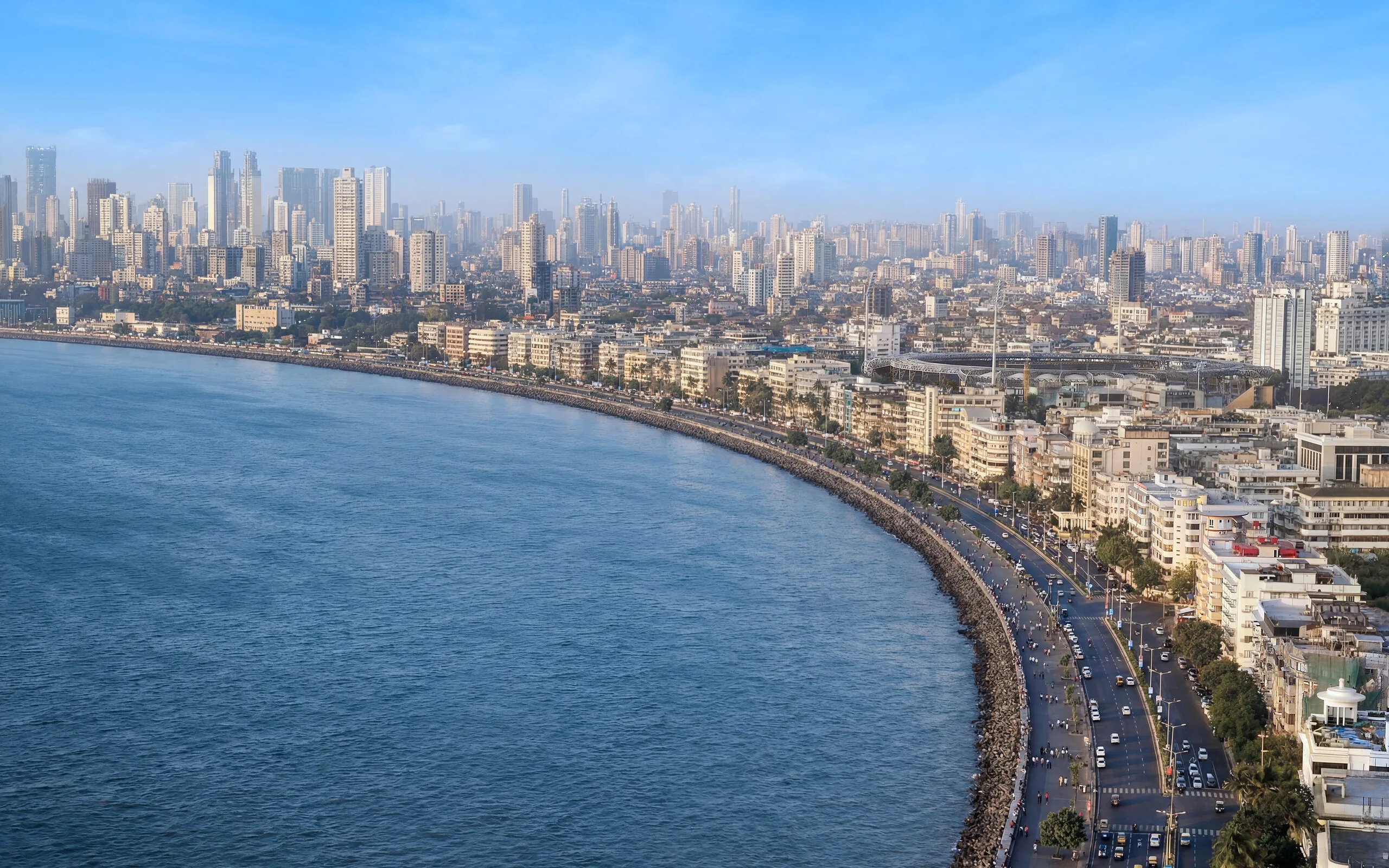 Marine Drive, aka the Queen's Necklace, is a 3-kilometre-long boulevard in South Mumbai.